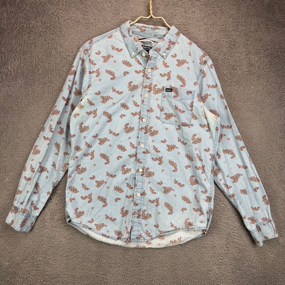 RVCA Mens Slim Fit Paisley Print Button Down Shirt Blue Medium Long Sleeve